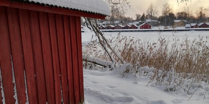 Bild på snö och en röd lada.